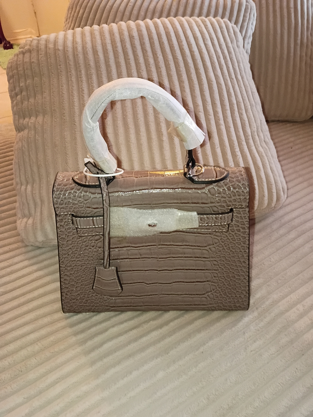 Croc-Embossed Taupe Structured Top-Handle Satchel